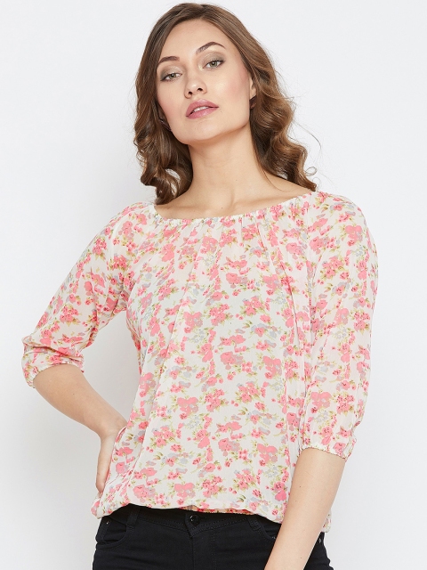 

PURYS Women Beige Floral Print Bardot Top