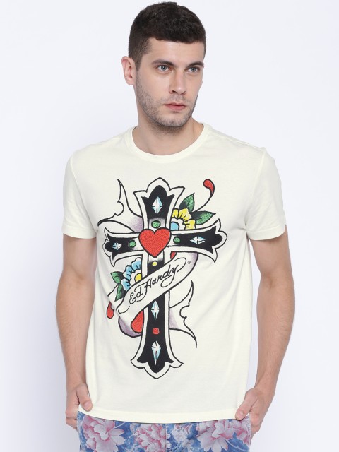 

Ed Hardy Cream-Coloured Printed T-shirt