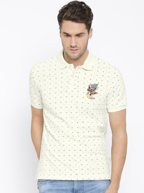 

Ed Hardy Cream-Coloured Printed Polo Pure Cotton T-shirt