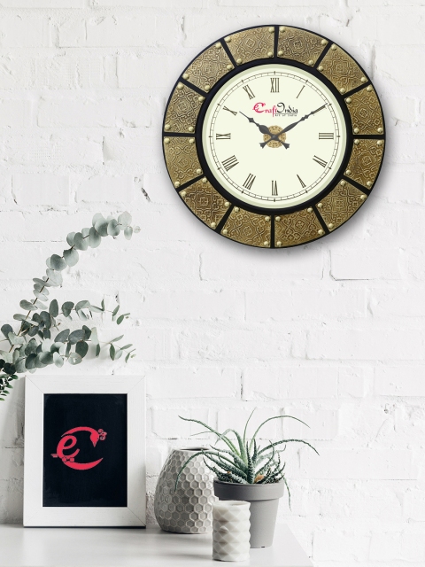 

eCraftIndia Gold-Toned & Brown Handcrafted Round Printed Analogue Wall Clock