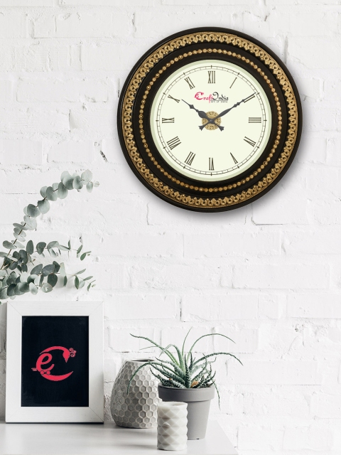 

eCraftIndia Gold-Toned & Brown Handcrafted Round Solid Analogue Wall Clock