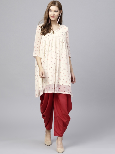 

Inddus Women Cream-Coloured Printed A-Line Kurta