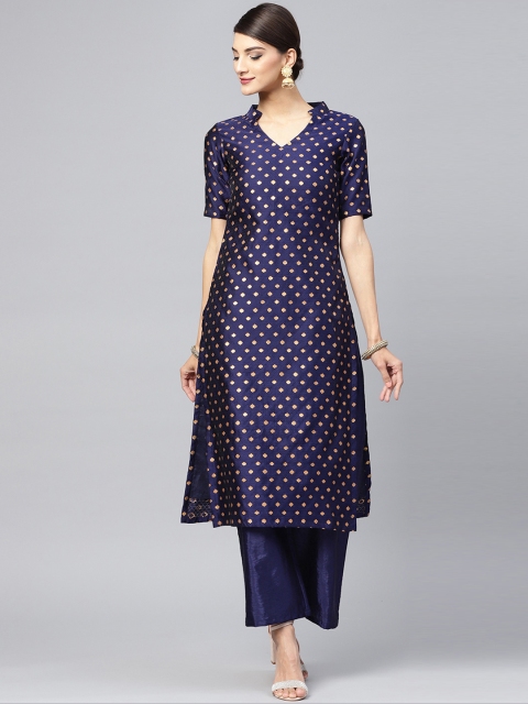 

Inddus Women Navy Blue Woven Design Straight Kurta