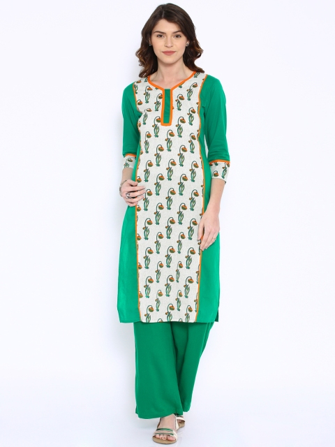 

Jaipur Kurti Off-White & Green Printed Kurta with Palazzo Trousers