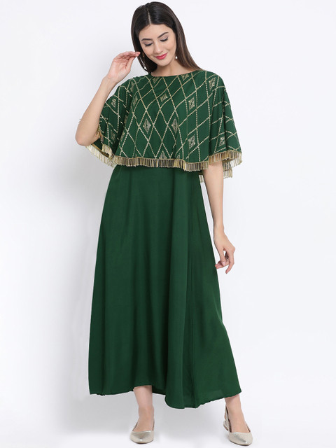 

studio rasa Women Green Solid Fit and Flare Embellished Dress
