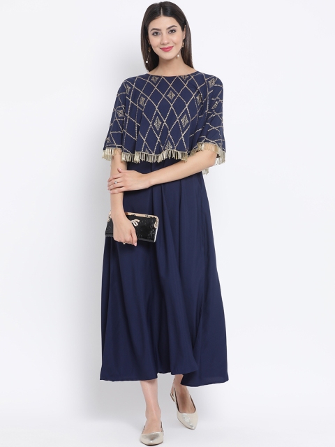

studio rasa Women Navy Blue Solid Fit and Flare Embellished Dress