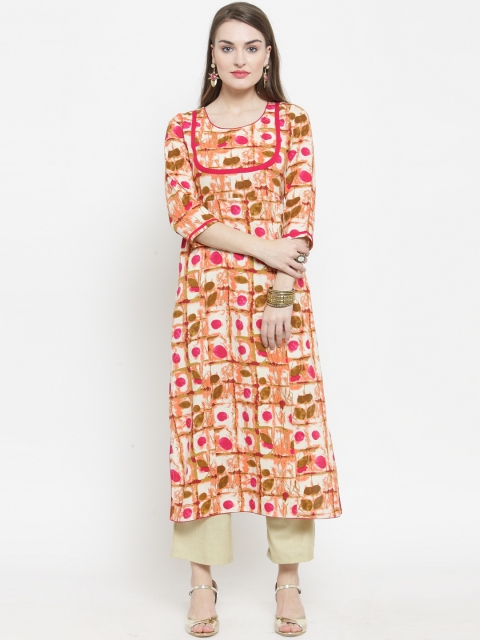 

Indibelle Women Cream-Coloured & Khaki Printed Kurta with Trousers