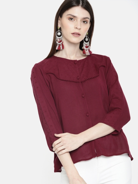 

DressBerry Women Burgundy Embroidered Detail Top