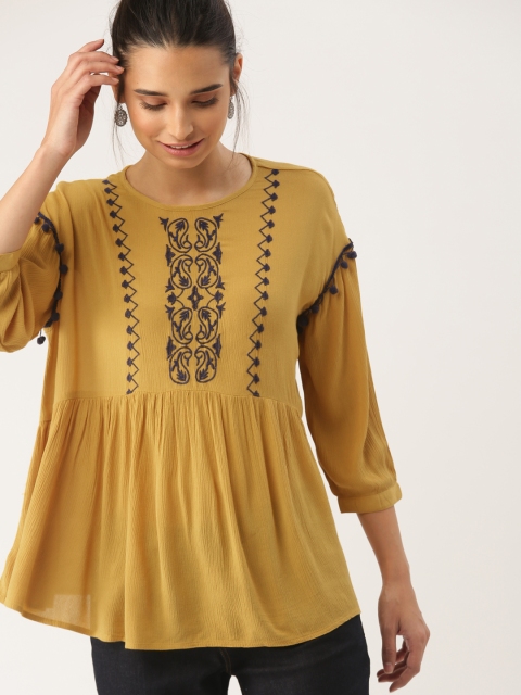 

DressBerry Women Mustard Self Design A-Line Top