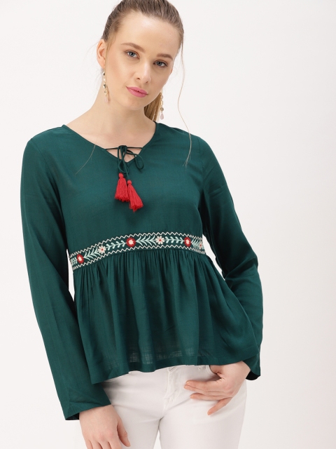

DressBerry Women Green Solid Woven Regular Top