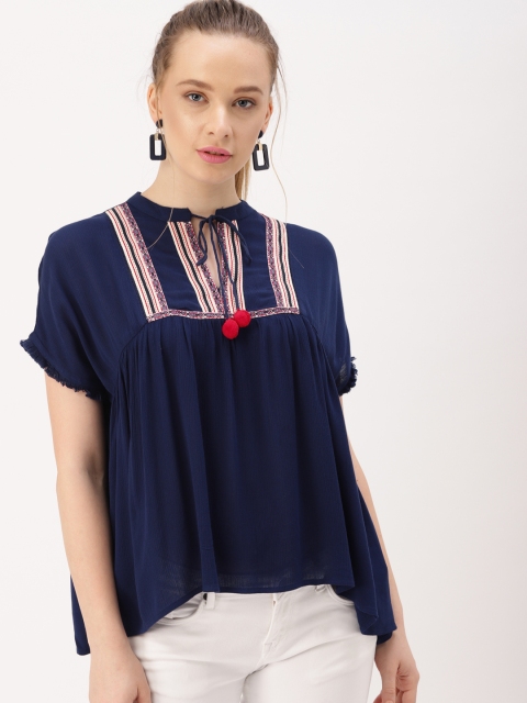 

DressBerry Women Navy Blue Self Design Boxy Top
