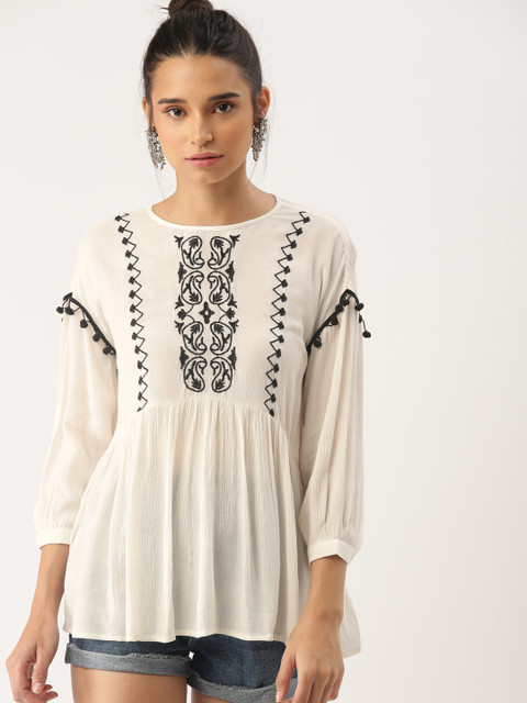 

DressBerry Women White Self Design A-Line Top