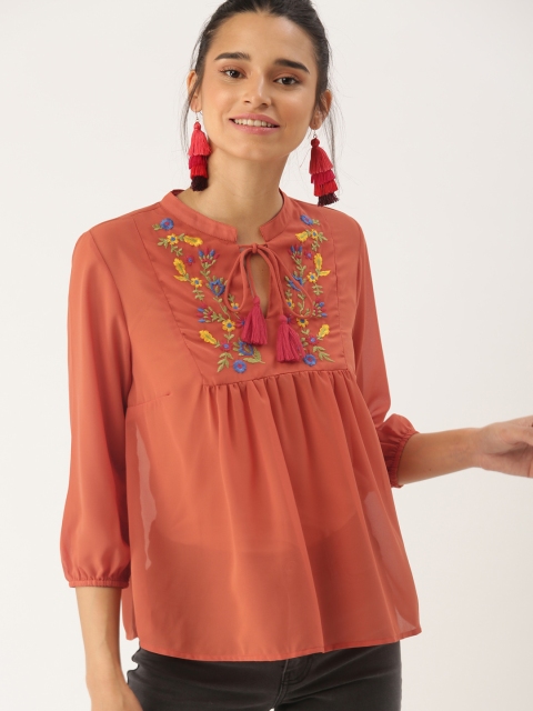 

DressBerry Women Rust Self Design Top