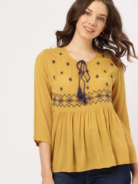 

DressBerry Women Mustard Yellow Embroidered A-Line Top