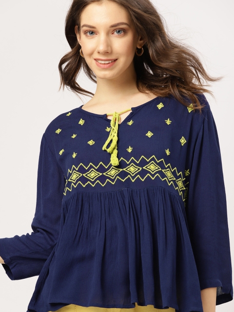 

DressBerry Women Navy Blue Embroidered A-Line Top