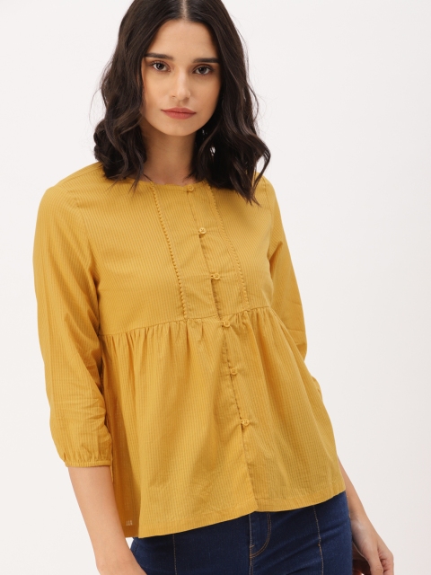 

DressBerry Women Mustard Yellow Striped A-Line Pure Cotton Top