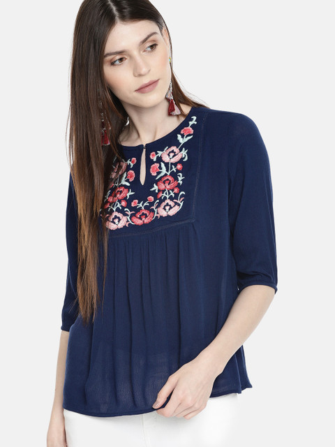 

DressBerry Women Navy Embroidered Top, Navy blue