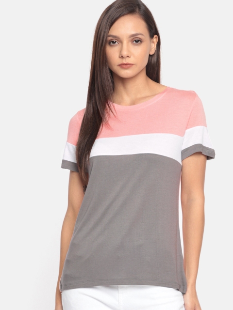 

DressBerry Women Peach-Coloured & Charcoal Grey Colourblocked Round Neck T-shirt
