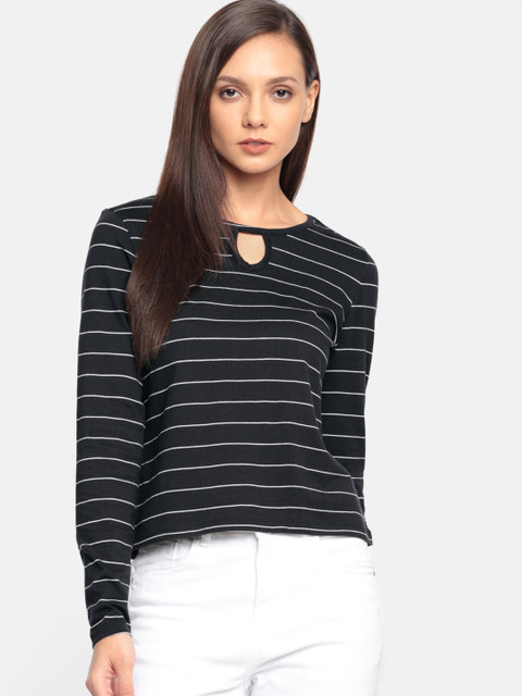 

DressBerry Women Black & White Striped Knitted RehularTop