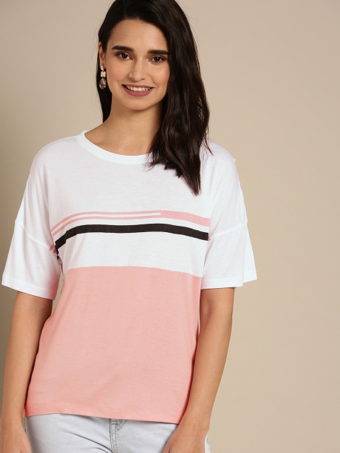 

DressBerry Women White & Pink Colourblocked Round Neck T-shirt