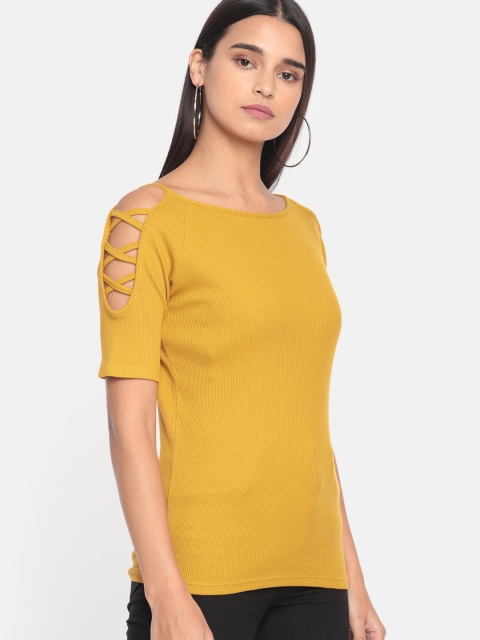 

DressBerry Women Mustard Yellow Solid Fitted Top