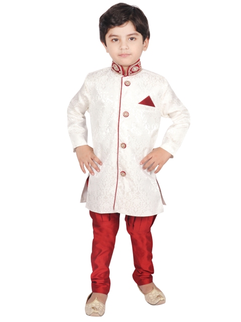 

SG YUVRAJ SHERWANI Boys Cream-Coloured & Red Sherwani Set