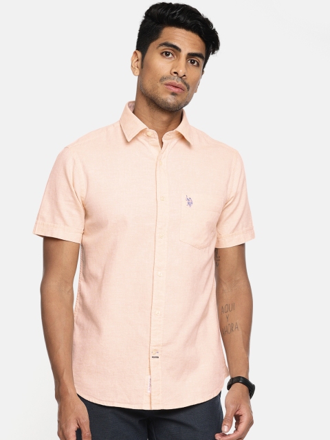 

U.S. Polo Assn. Men Peach-Coloured Tailored Fit Solid Casual Shirt