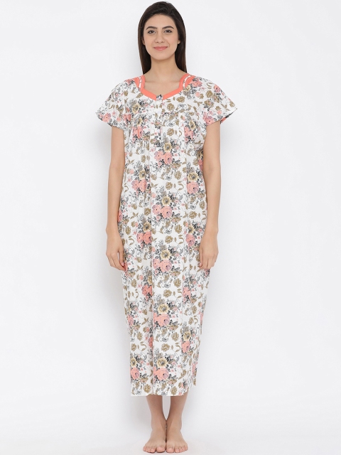 

Clovia White & Peach-Coloured Printed Nightdress NS1182P16S/M