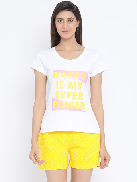 

Clovia Women White & Yellow Printed Night suit LS0410A18XL