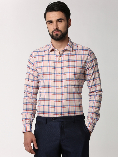 

Peter England Elite Men Beige & Blue Slim Fit Checked Formal Shirt