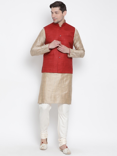

VASTRAMAY Men Beige & Red Solid Kurta with Churidar & Jacket