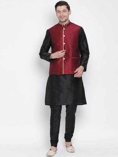 

VASTRAMAY Men Black Solid Kurta with Churidar & Jacket