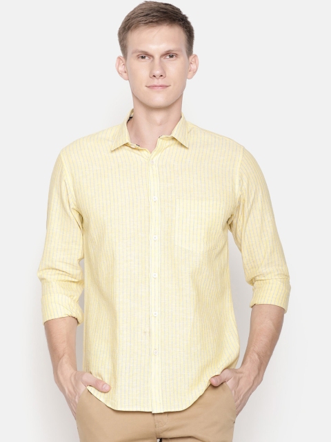 

CAVALLO by Linen Club Men Cotton Linen Yellow Regular Fit Striped Casual Shirt
