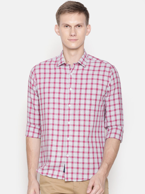 

CAVALLO by Linen Club Men Cotton Linen Pink & White Regular Fit Checked Casual Shirt