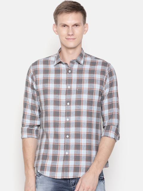 

CAVALLO by Linen Club Men Cotton Linen Grey Regular Fit Checked Casual Shirt