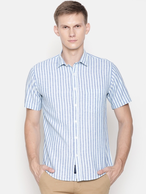 

CAVALLO by Linen Club Men Cotton Linen Blue Regular Fit Striped Casual Shirt