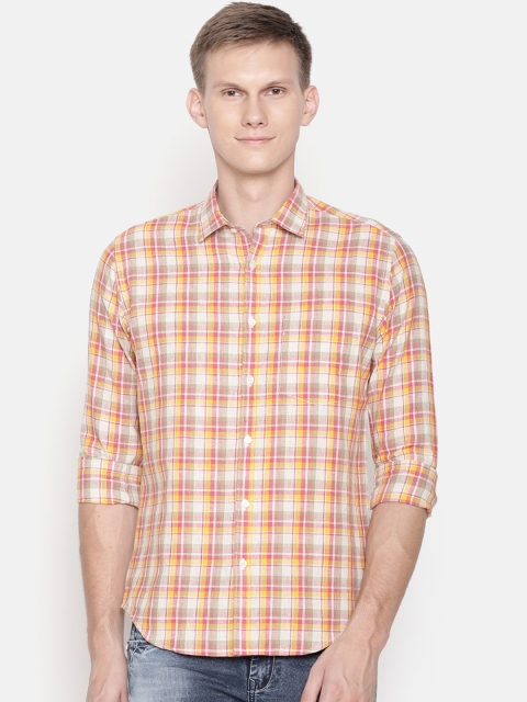 

CAVALLO by Linen Club Men Cotton Linen Yellow Regular Fit Checked Casual Shirt