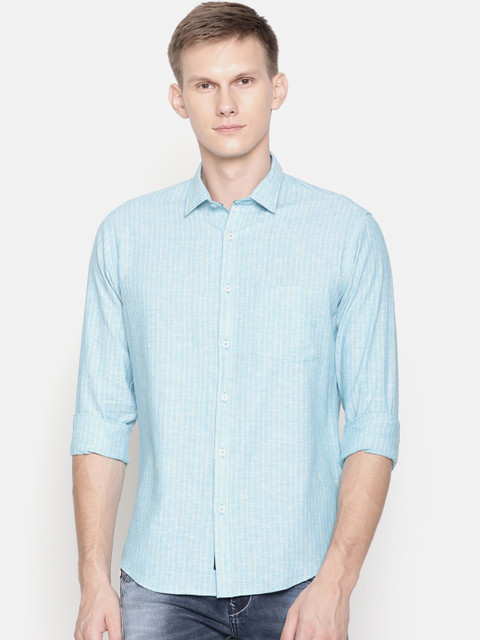 

CAVALLO by Linen Club Men Cotton Linen Turquoise Blue Regular Fit Striped Casual Shirt