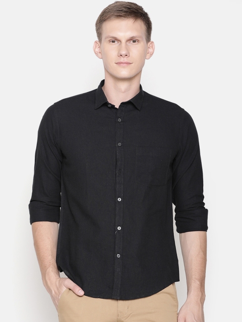

CAVALLO by Linen Club Men Cotton Linen Black Regular Fit Solid Casual Shirt