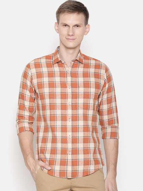 

CAVALLO by Linen Club Men Cotton Linen Brown & Orange Regular Fit Checked Casual Shirt