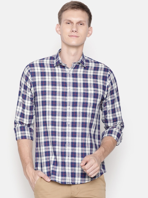 

CAVALLO by Linen Club Men Cotton Linen Navy Blue Regular Fit Checked Casual Shirt
