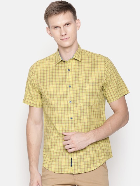 

CAVALLO by Linen Club Men Cotton Linen Yellow Regular Fit Checked Casual Shirt