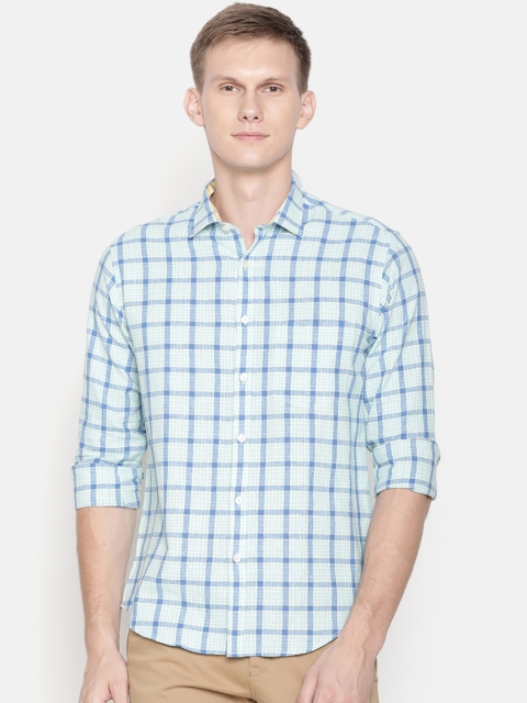

CAVALLO by Linen Club Men Cotton Linen Blue Regular Fit Checked Casual Shirt