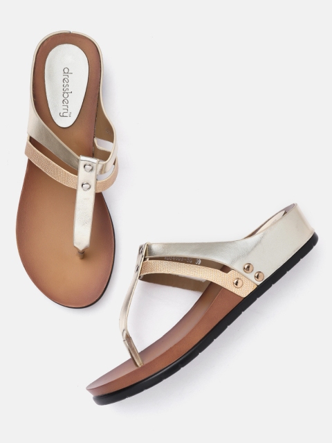 

DressBerry Women Gold-Toned Solid T-Strap Flats with Textured Detail
