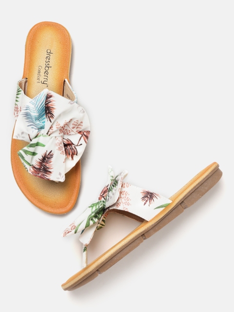 

DressBerry Women White Floral Print Open Toe Flats with Bow Detail