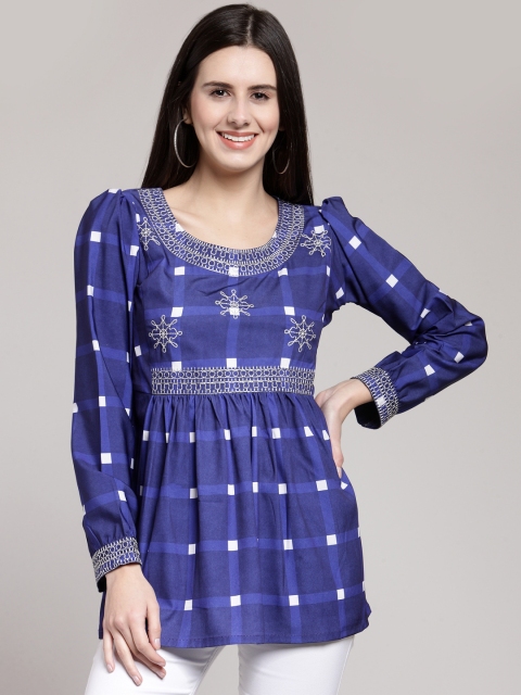 

plusS Women Blue Checked Peplum Top
