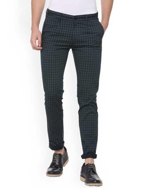 

V Dot Men Navy Blue Slim Fit Checked Regular Trousers