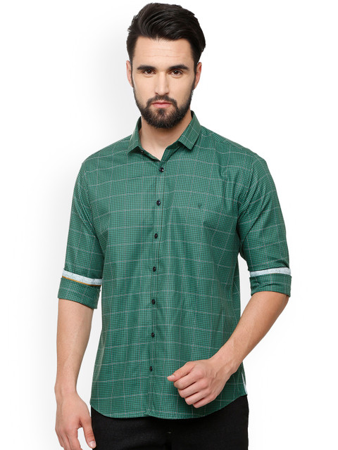 

V Dot Men Green Slim Fit Checked Casual Shirt