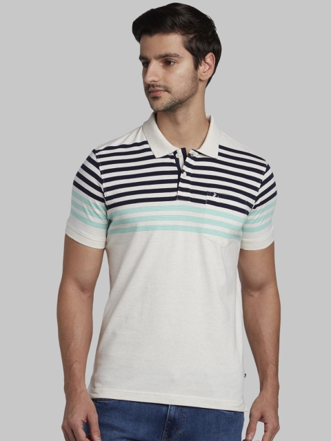 

Parx Men Off-White Striped Polo Collar T-shirt