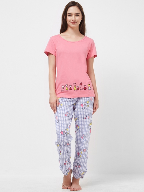 

Mystere Paris Women Pink & Blue Printed Night Suit J343C